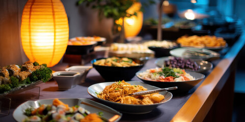 Asian catering buffet at night with glowing lantern and warm ambient lighting creating inviting atmosphere