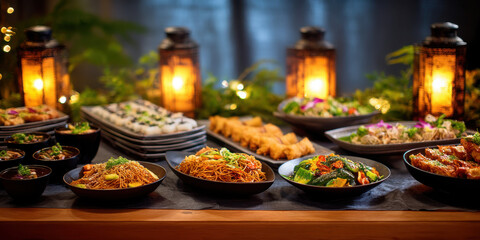 Asian buffet at night with glowing lanterns, noodles, vegetables, dumplings and plated appetizers creating warm festive atmosphere