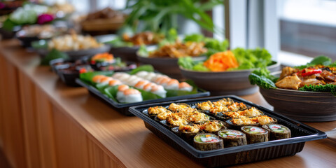Fresh sushi rolls tempura and assorted Asian buffet on long wooden table creating inviting colorful spread for catered event