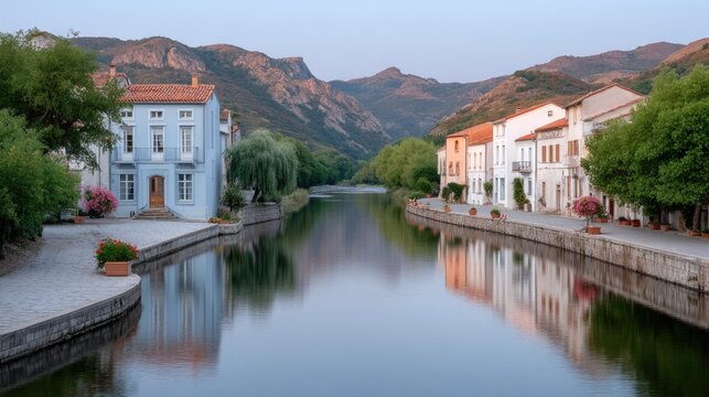 Picturesque European Village With Colorful Buildings Lining a Calm River Reflecting the Gentle Sky and Distant Mountains Under Soft Morning Light