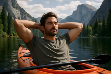 Relaxed man kayaking on mountain lake with eyes closed