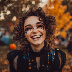 Smiling woman with Halloween makeup outdoors in autumn park