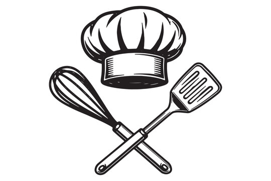 Chefs hat with whisk and spatula crossed, isolated on white background culinary tools for cooking and baking in a simple black and white design
