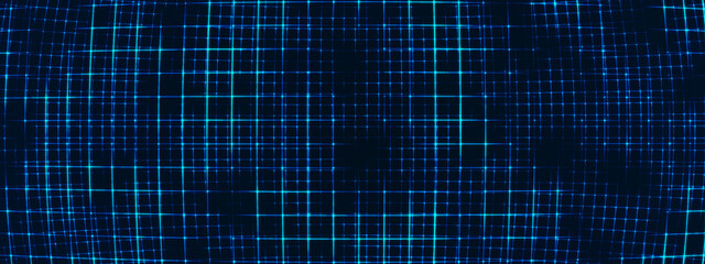Neon background with a grid of LED threads, connected by glowing dots and triangles. Plexus texture reflects the chaos of digital networks and neural systems. Ideal for technology, presentations