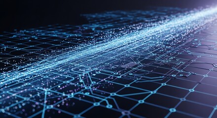 Digital network circuit board with glowing lines