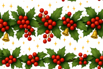 Christmas festive holly seamless pattern with red berries, green leaves, golden bells, transparent background