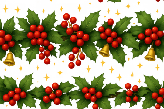 Christmas festive holly seamless pattern with red berries, green leaves, golden bells, transparent background