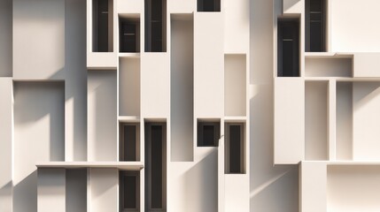 Modern architectural facade with recessed windows and geometric shapes
