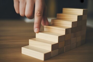 Fingers climbing wooden block stairs