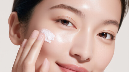 Extreme close up of asian female cheek with radiant skin, applying moisturizing cream, smooth complexion, healthy glow, skincare routine, natural beauty, soft lighting