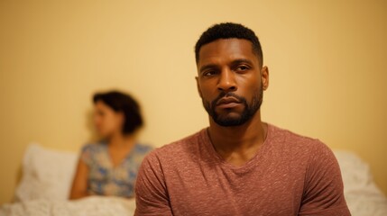 Obraz premium A black man is upset due to his fail in bed with his wife. Bad in bed. Disfunction. Problems in sexual life