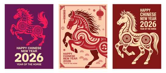 Happy chinese new year 2026, year of the horse, traditional art with horse illustration