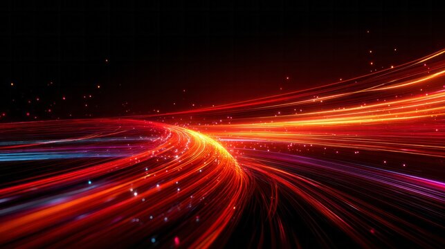 Brilliant orange and red light trails curve dramatically across a dark background with scattered glowing particles
