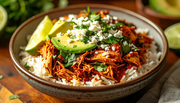 Bowl of Chicken Tinga with shredded chicken in smoky red sauce, cilantro rice base, Mexican culinary