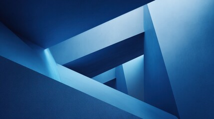 Abstract architectural space with intersecting blue geometric forms and light.