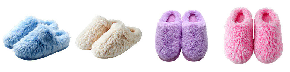Colorful fluffy slippers in soft textures for cozy comfort on transparent background