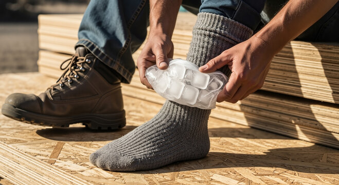A construction worker uses a makeshift Injured foot with ice pack at a job site, an image for articles on workplace safety and first aid.