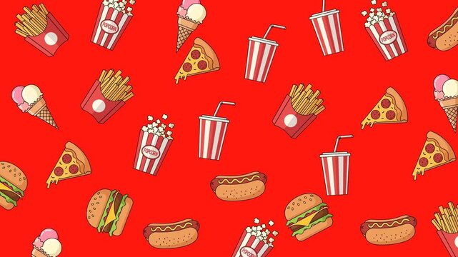 Animated seamless pattern Red background with various fast food items ideal for restaurant menus, food blogs, and social media graphics showcasing fast food.