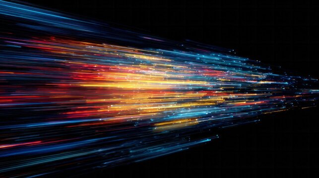 Streams of vibrant light trails move rapidly across a dark background