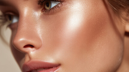 Extreme close up of female face with highlighted cheekbone, smooth glowing skin, natural makeup, soft lips, and defined eye, showing healthy radiant complexion