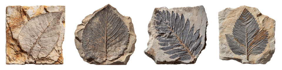 fossilized leaves displayed on rocks showcasing intricate leaf patterns on transparent background