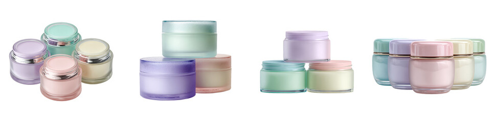 Colorful cream jars stacked in various shapes showcasing beauty products on transparent background