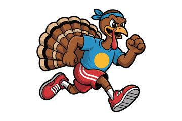 Energetic cartoon turkey running marathon in athletic gear festive thanksgiving celebration