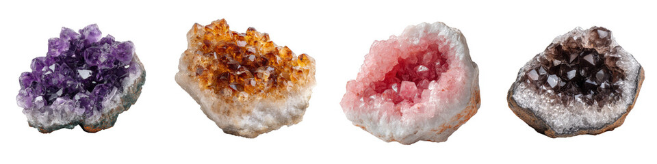 Vibrant natural gemstones amethyst citrine rose quartz smoky quartz on transparent background