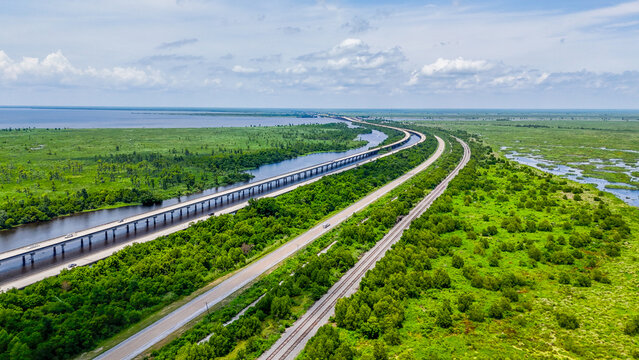 Aerial landscape of Bayou Swamp wetlands summer nature scene sunny day in rural Louisiana LA
