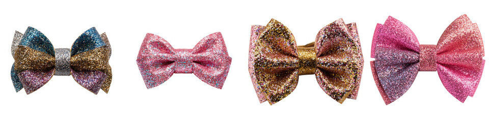 Colorful glitter bows variety for hair accessories on transparent background