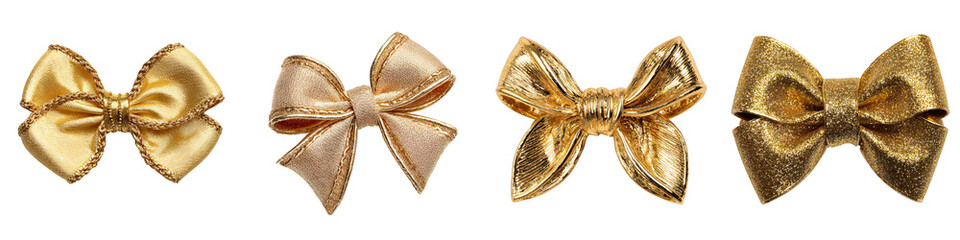 four elegant gold bows showcasing different styles on transparent background