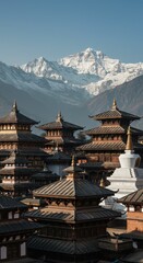 Obraz premium Bhaktapur cityscape with pagodas, temples, stupas, and snowcapped mountains, nepal.