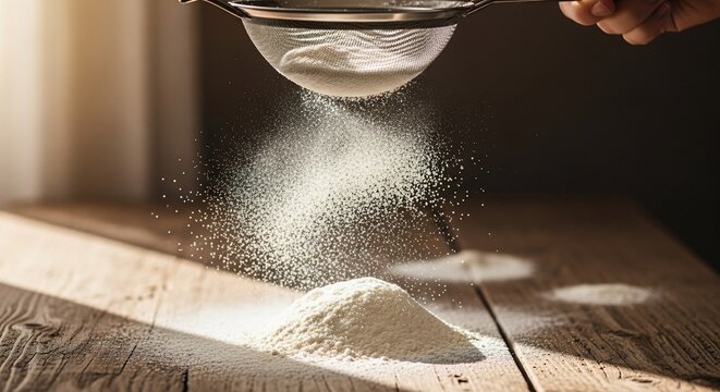 A hand sifts white flour through a fine mesh sieve onto a rustic wooden kitchen table in warm sunlight.
