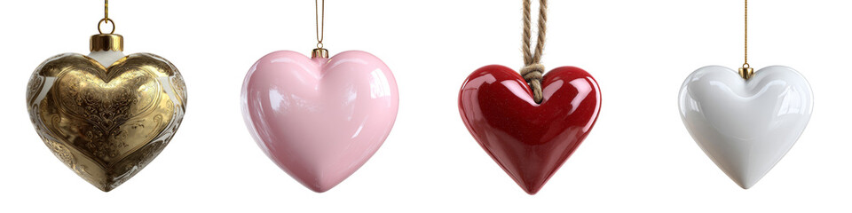 Decorative heart ornaments gold pink red white shiny hanging on transparent background
