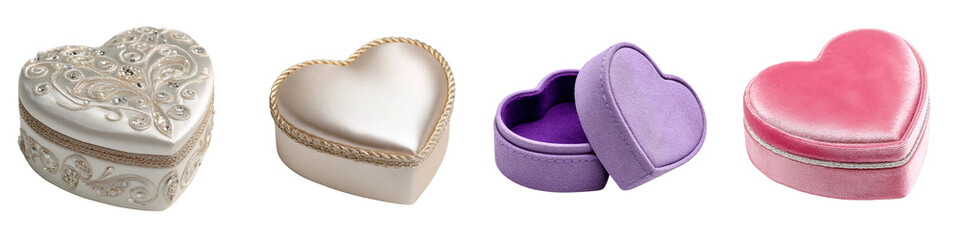 Decorative heart shaped jewelry boxes assorted colors on transparent background
