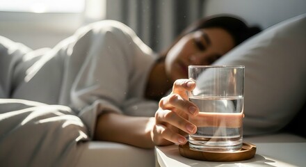 Woman resting in bed reaching for a glass of water in morning light