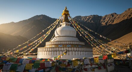 Shanti stupa in leh, ladakh, india, with prayer flags and mountains in background.