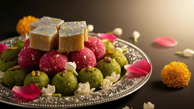 colorful indian sweets, barfi and ladoo, on ornate silver tray with flowers. vibrant still life for diwali and other festivals. greeting card with copyspace.
