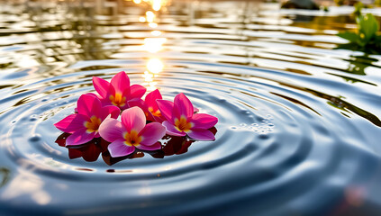flowers gently floating on calm river water.