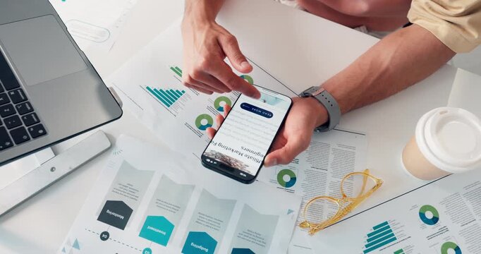 Phone screen, reports and hands of businesswoman in office with news update for data or statistics. Technology, website development and designer with cellphone and documents for research from above.