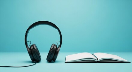 Open book and headphones on a teal background symbolizing learning and audio