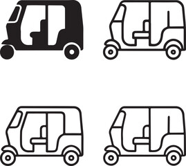 Isolated auto rickshaw icon set, black auto rickshaw vector, three wheeler symbol, editable auto rickshaw icon, minimal solid black line outline design, public transport for city, travel, and commute