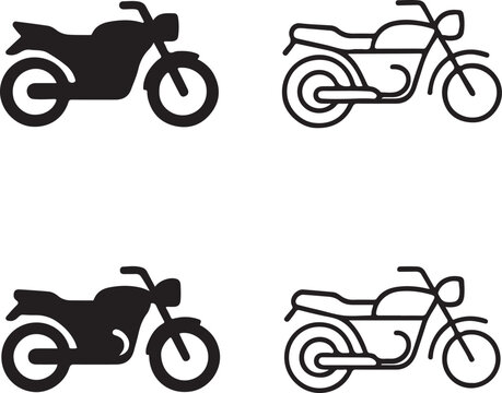 Isolated motorcycle icon set, black motorcycle vector, motorbike symbol, editable motorcycle icon, minimal solid black line outline design, two wheeler for road, travel, and speed