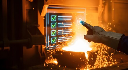 Industrial quality control with digital checklist overlaying molten metal, factory automation and precision concept.
