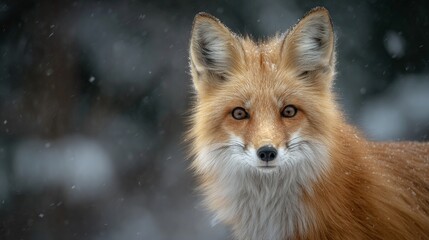 Fototapeta premium Red fox animal standing outside in soft winter snow with a focused state and calm expression, wild nature scene showing fur detail, cold weather, white snowflakes, quiet outdoor wildlife environment