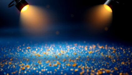 Golden particles glimmer under blue stage lighting