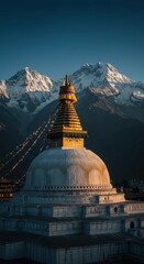 Scenic view of the boudhanath stupa with prayer flags and snow capped mountains.