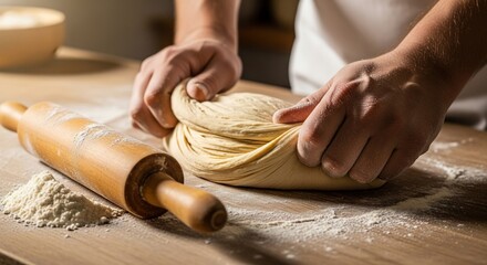Hands kneading fresh dough on a wooden table with a rolling pin and scattered flour, preparing for baking.