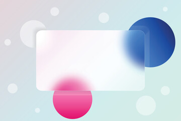 Glass transparent frame on light gradient background with blue and pink balls. Modern business banner template. Glass morphism vector illustration