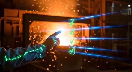 Futuristic factory worker interacting with holographic checklist interface, quality control, industry 4.0 concept.